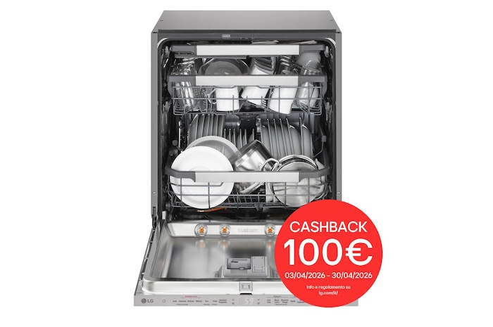 Vista frontale con porta aperta e stoviglie DB597TXSN con cashback